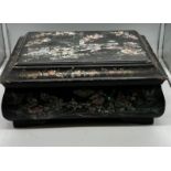 A papier Mache inlaid serving box fitted interior and mother of pearl decoration (H17cm W36cm