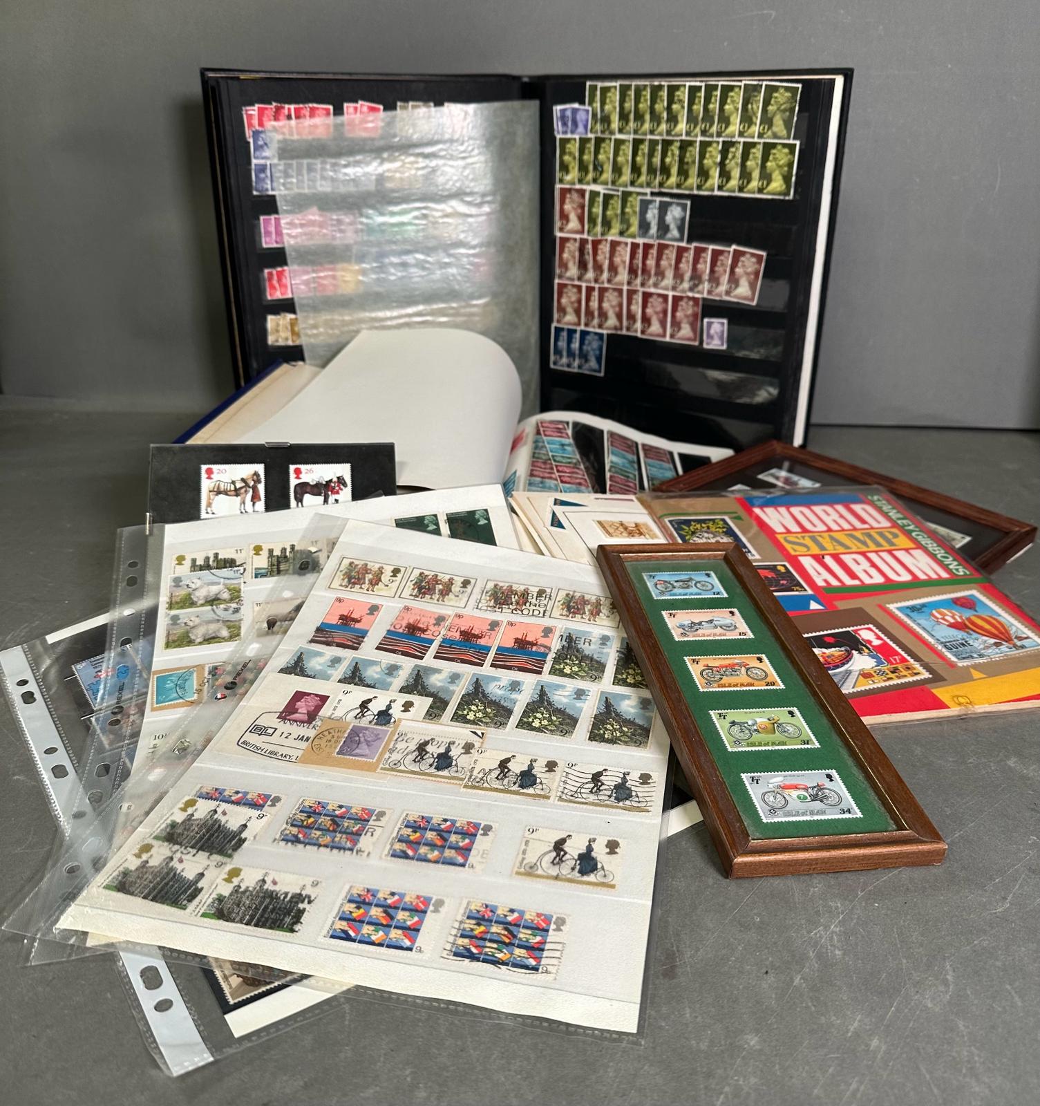A selection of UK and World philatelic stamps and collectable to include albums, sheets and framed