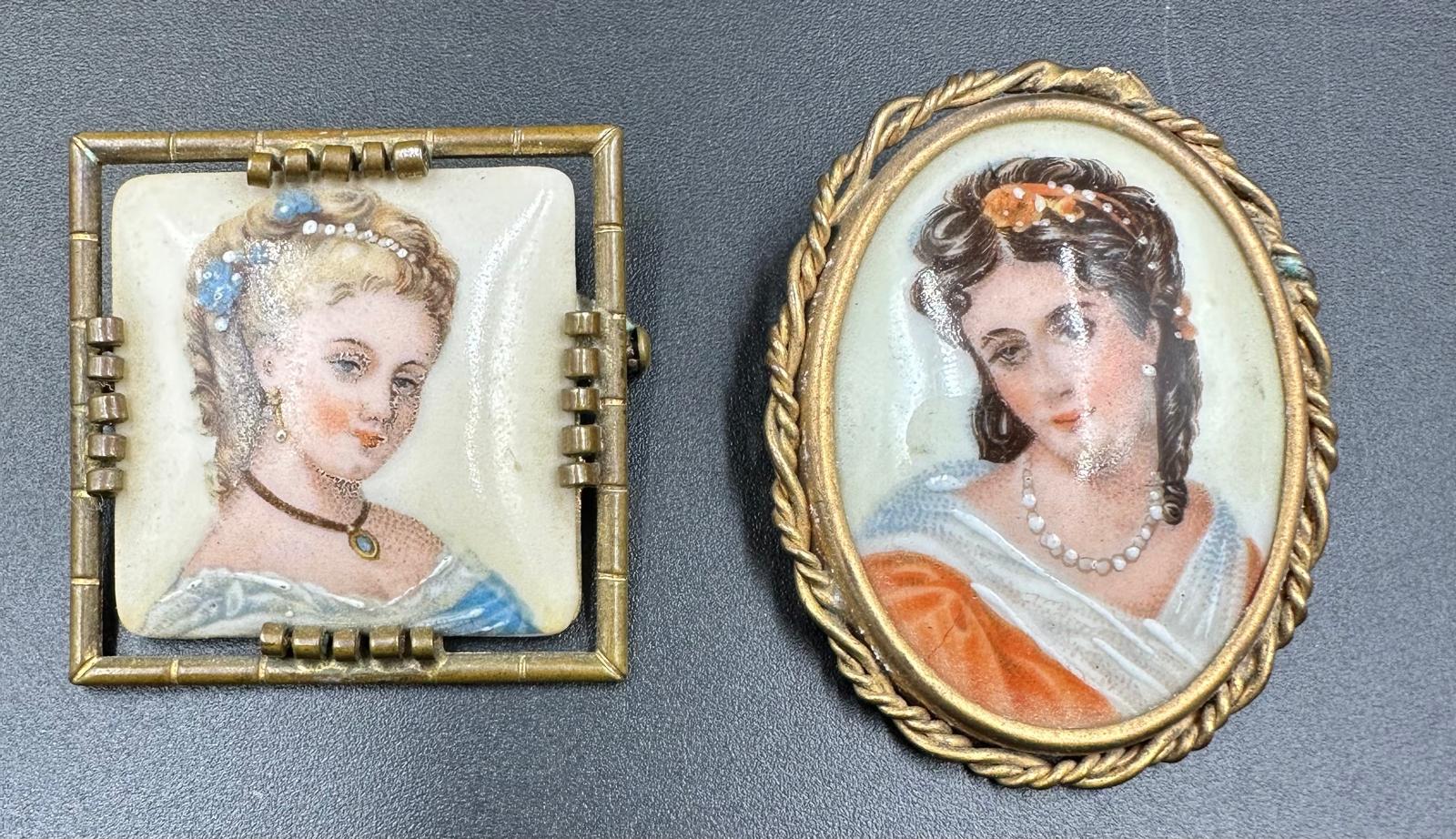 Limoges France porcelain portrait brooch pair from the mid 20th century - Image 3 of 10