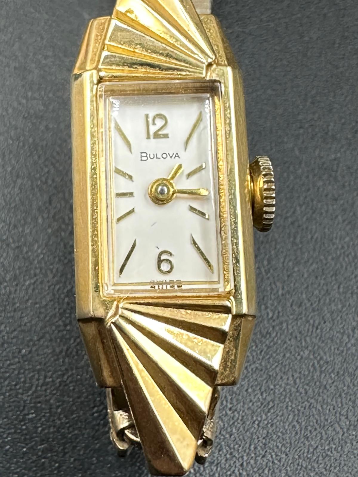 A 14k yellow gold Bulova ladies wristwatch on gold plated bracelet with original box etc - Image 5 of 6