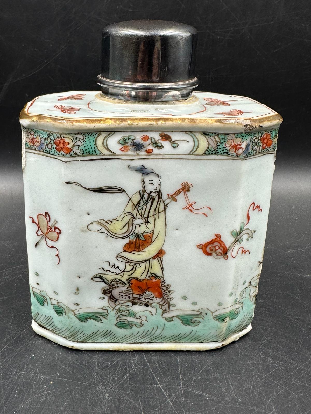 An 19th Century Chinese famille Vert tea caddy with silver Hallmarked lid and collar - Image 6 of 10