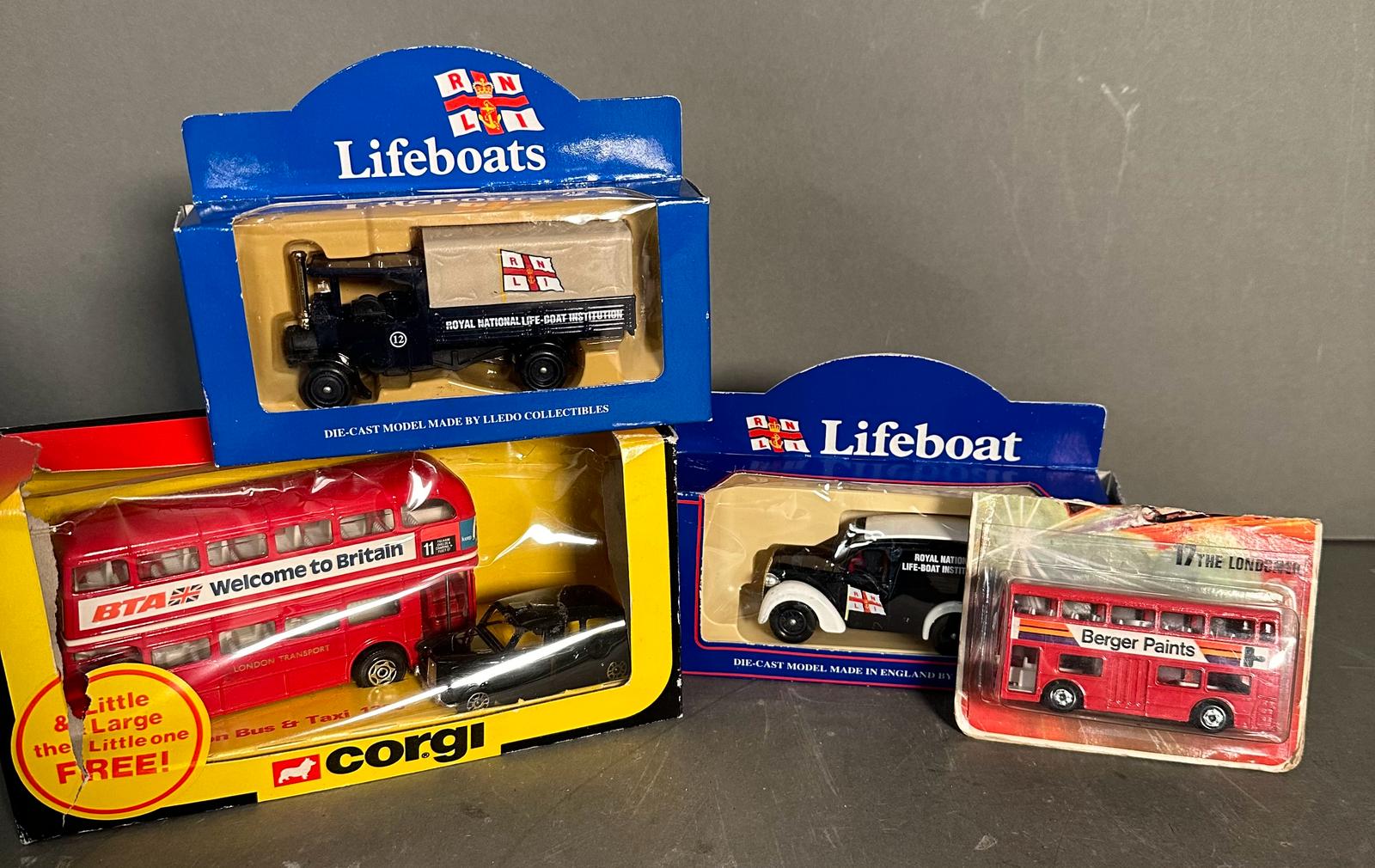 Four boxed toy cars, Corgi lifeboats, a Corgi London bus and black cab and a Matchbox bus - Image 5 of 8