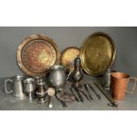 A selection of mixed metal items to include plates, tankards etc