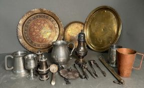 A selection of mixed metal items to include plates, tankards etc
