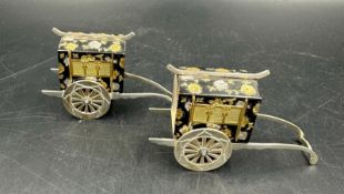 Two ornamental sterling silver miniature Chinese carriages