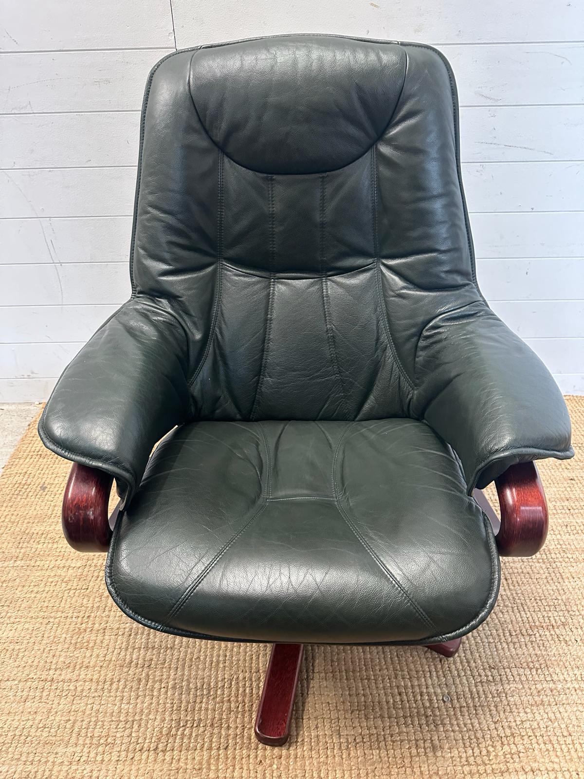 A green leather upholstered reclining arm chair and matching foot stool - Image 4 of 4
