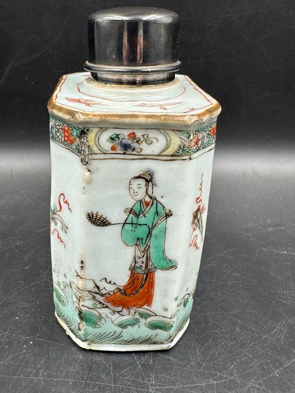 An 19th Century Chinese famille Vert tea caddy with silver Hallmarked lid and collar - Image 8 of 10