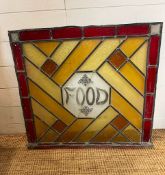 A lead glass panel with the words food AF (76cm x 76cm) Condition Report some cracks to the glass
