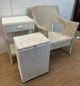A Lloyd loom style chair and wash basket along with utility furniture side table
