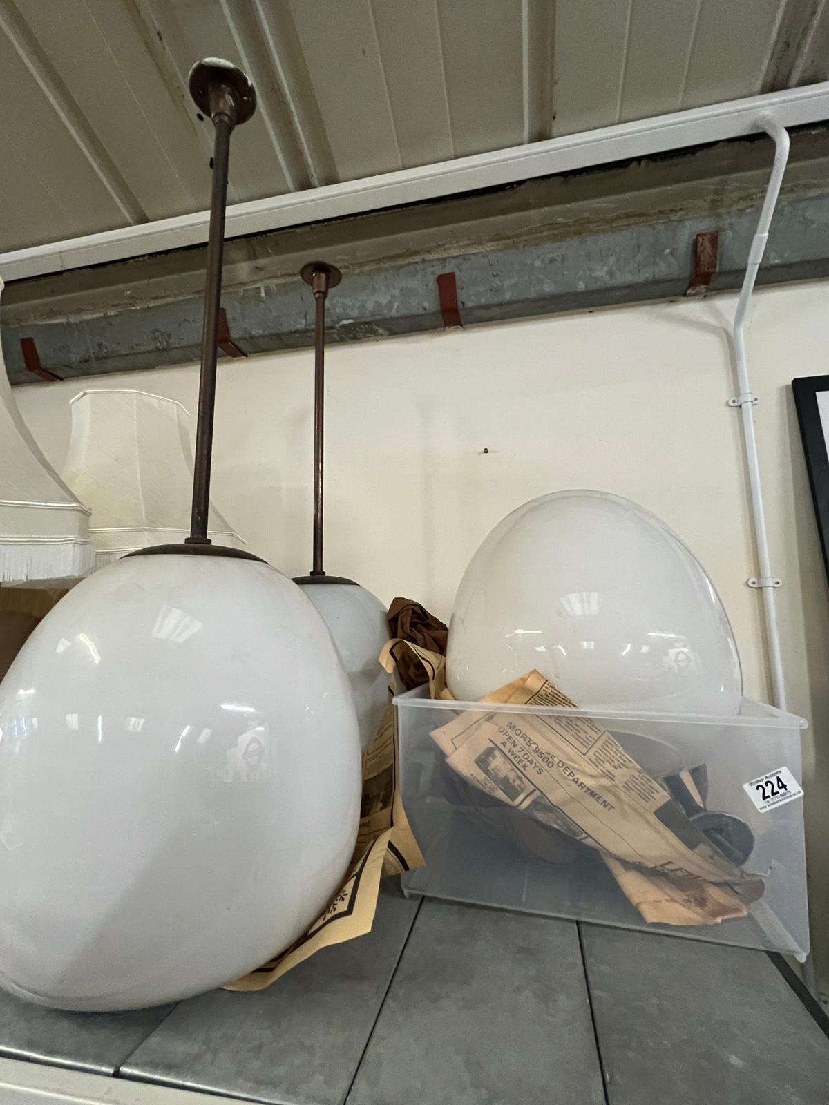 Three industrial 1930's pendant ceiling lights with opaline glass tulip shades by General Electric - Image 2 of 5