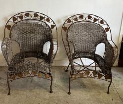 A pair of reclaimed wire work chairs with fig leaf's AF Condition Report wicker broken, weathered
