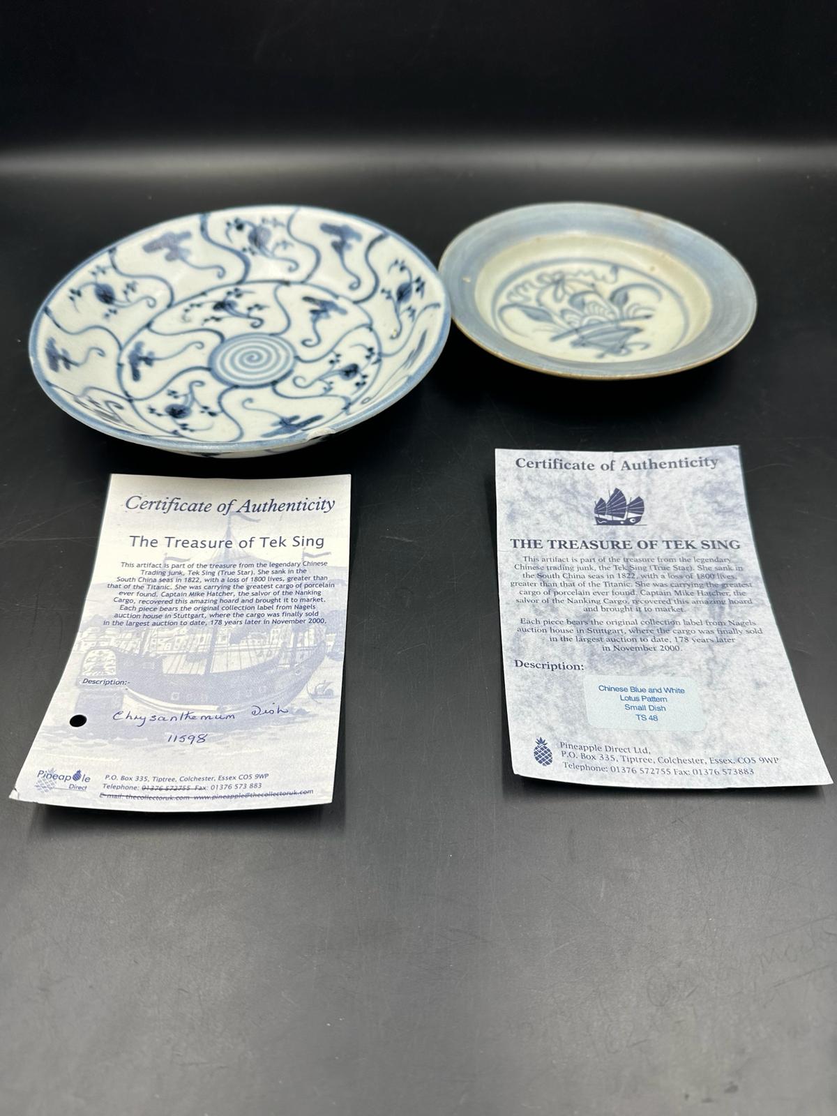 Two blue and white dishes from the Tek Sing Haul with accompanying certificate of authenticity