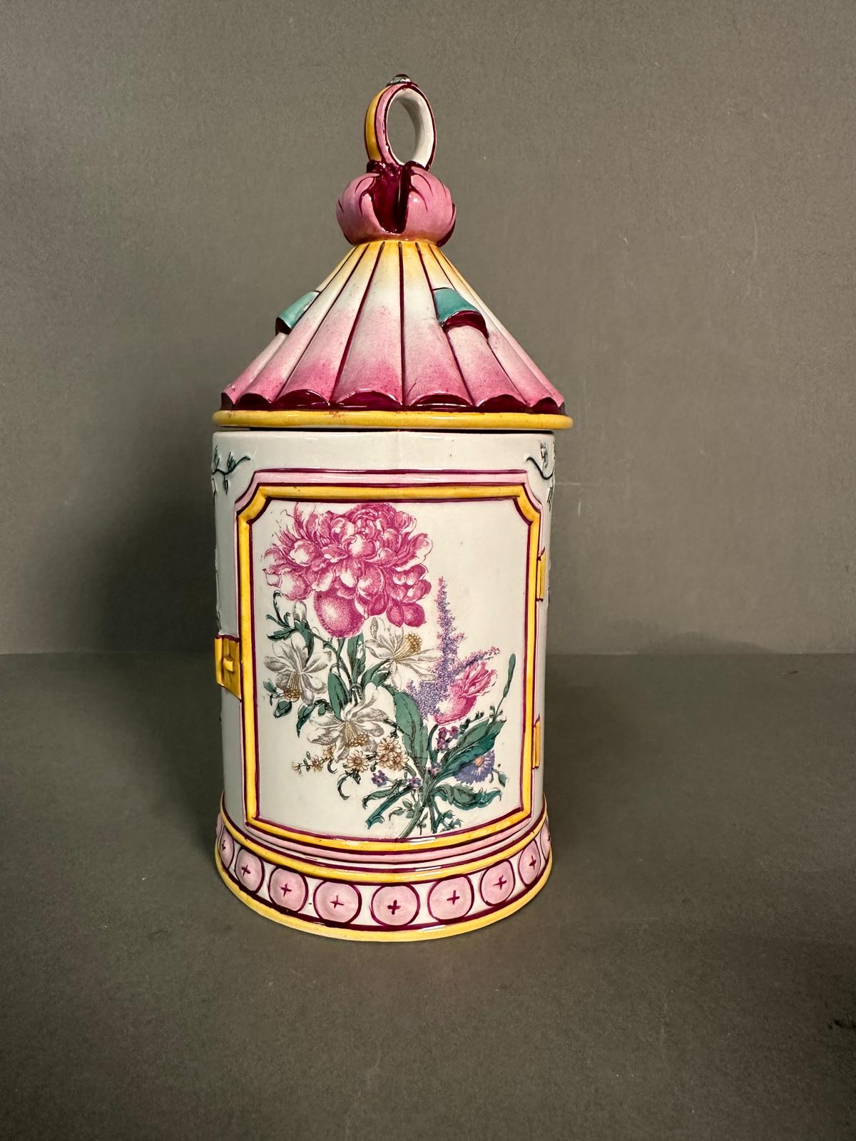 A French lidded mug decorated in pinks and yellows with floral central shield - Image 2 of 5