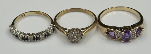 A selection of three 9ct gold rings, various styles and finishes, approximate combined total