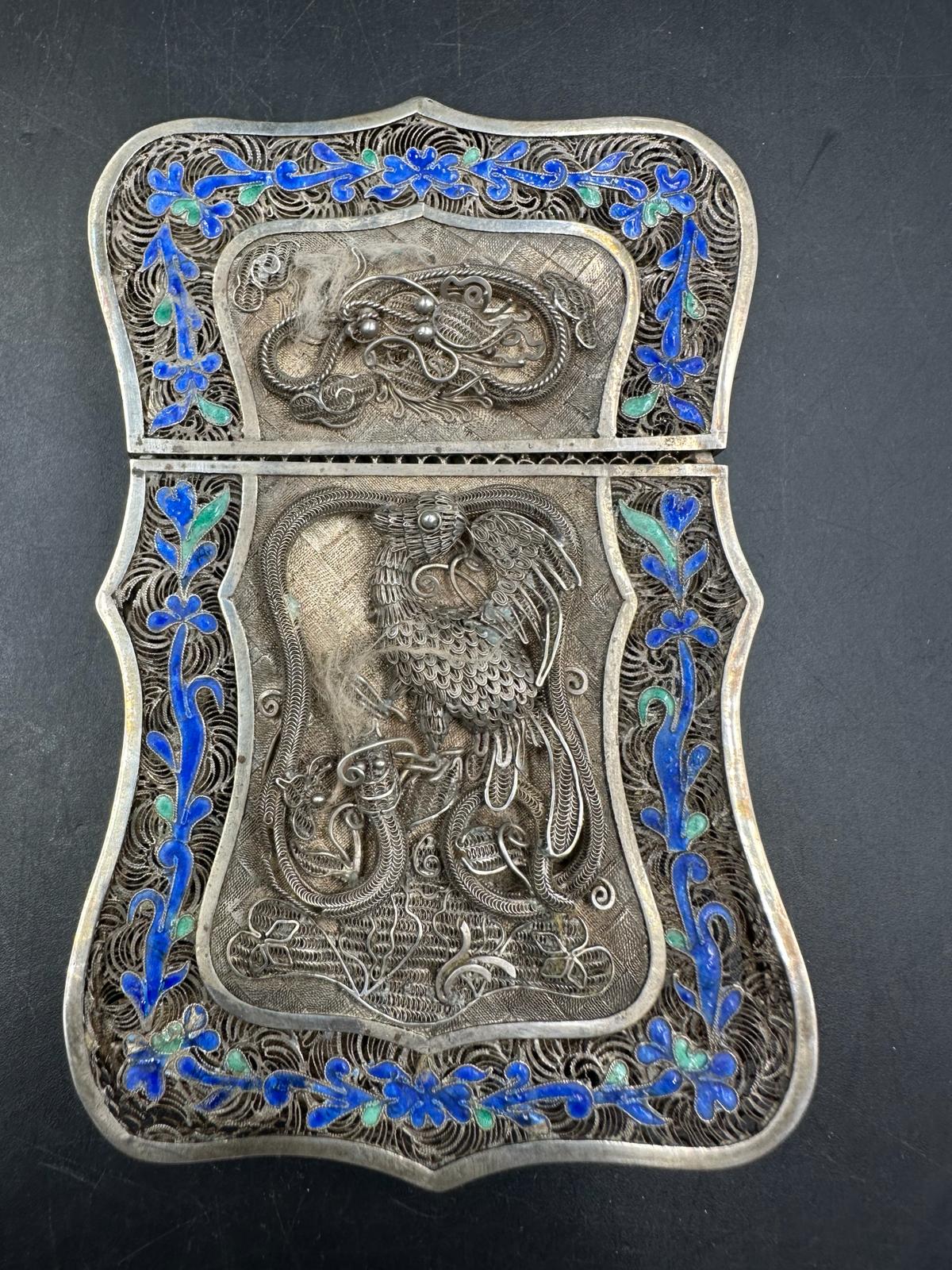 A 19th Century Chinese silver wirework card holder with serpentine edge and floral border - Image 4 of 8