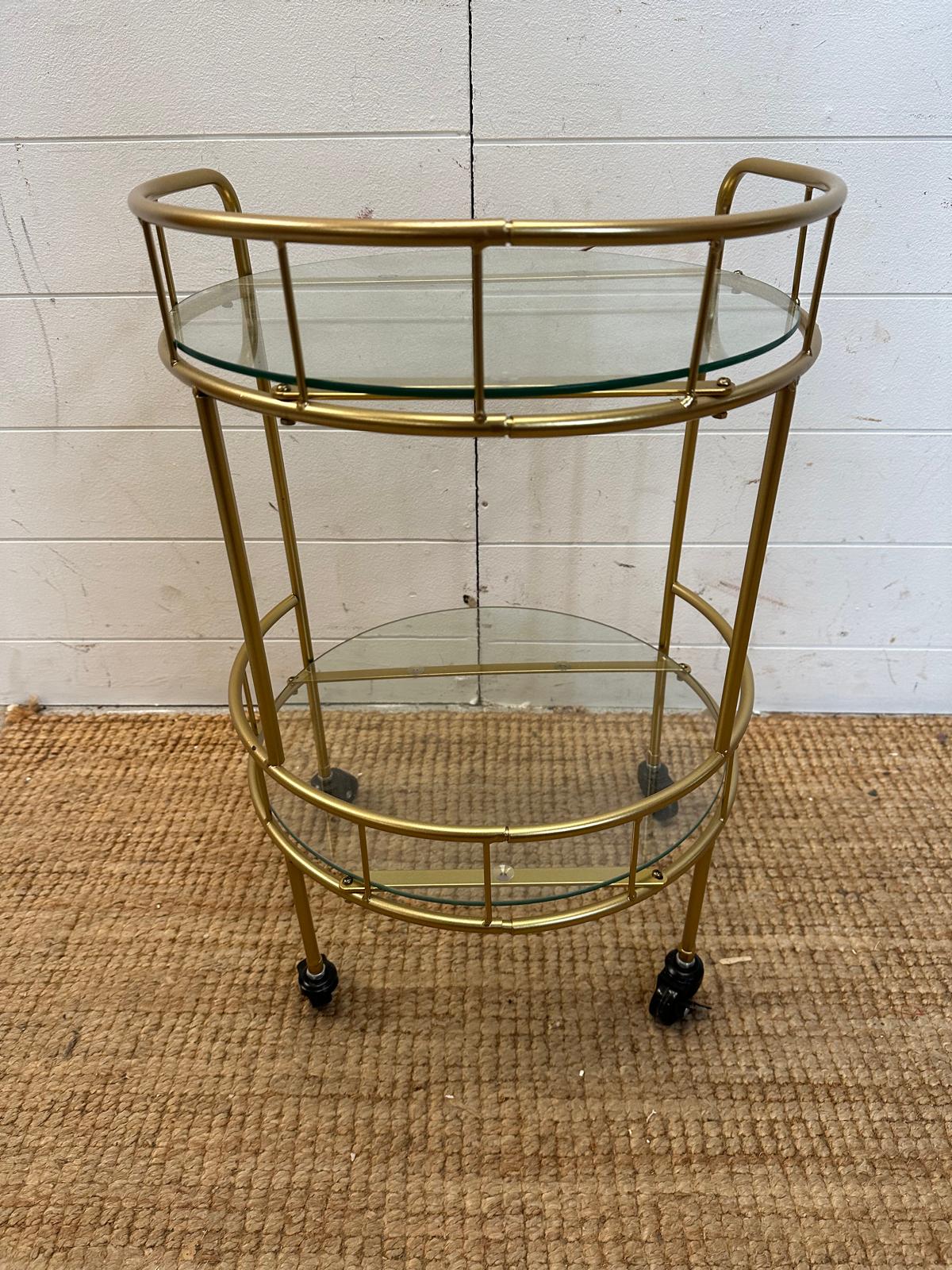 A glass and brass effect drinks trolly with galleried top (H60cm Dia38cm) - Image 2 of 3