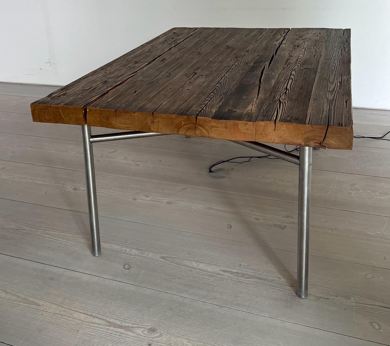 A large oak reclaimed table with plank top and chrome legs (H80cmD120cm W180cm) - Image 5 of 5