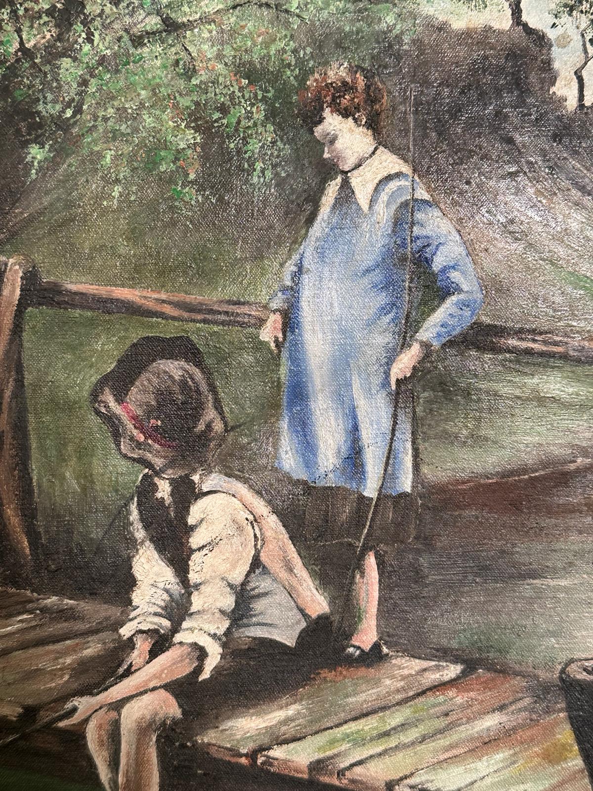 An oil on canvas of a river scene with two children fishing from a bridge signed John Birch lower - Image 3 of 5
