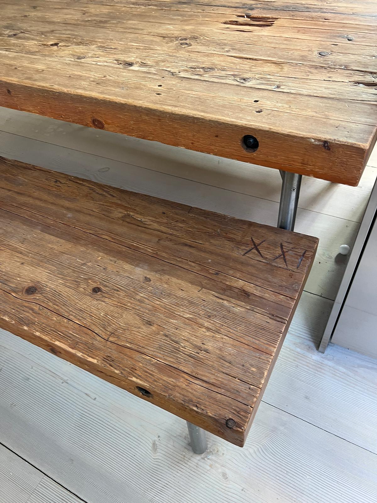 A solid oak reclaimed table with plank top and bench seats on chrome legs (H81cm W180cm D118cm) ( - Image 3 of 8