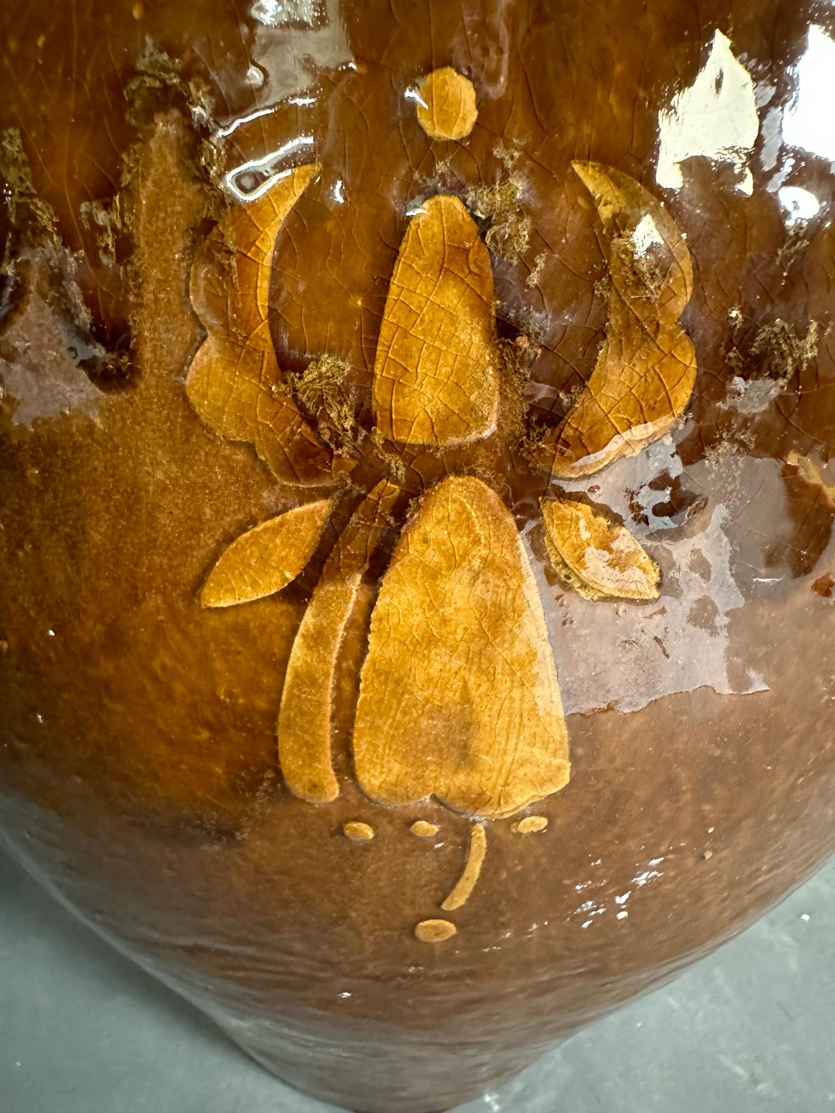 A brown studio pottery planter with crimped rim and floral motif. Height 43 - Image 4 of 4