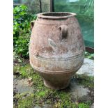 A large olive pitcher terracotta urn with three handles (H83cm Dia39cm) Condition Report