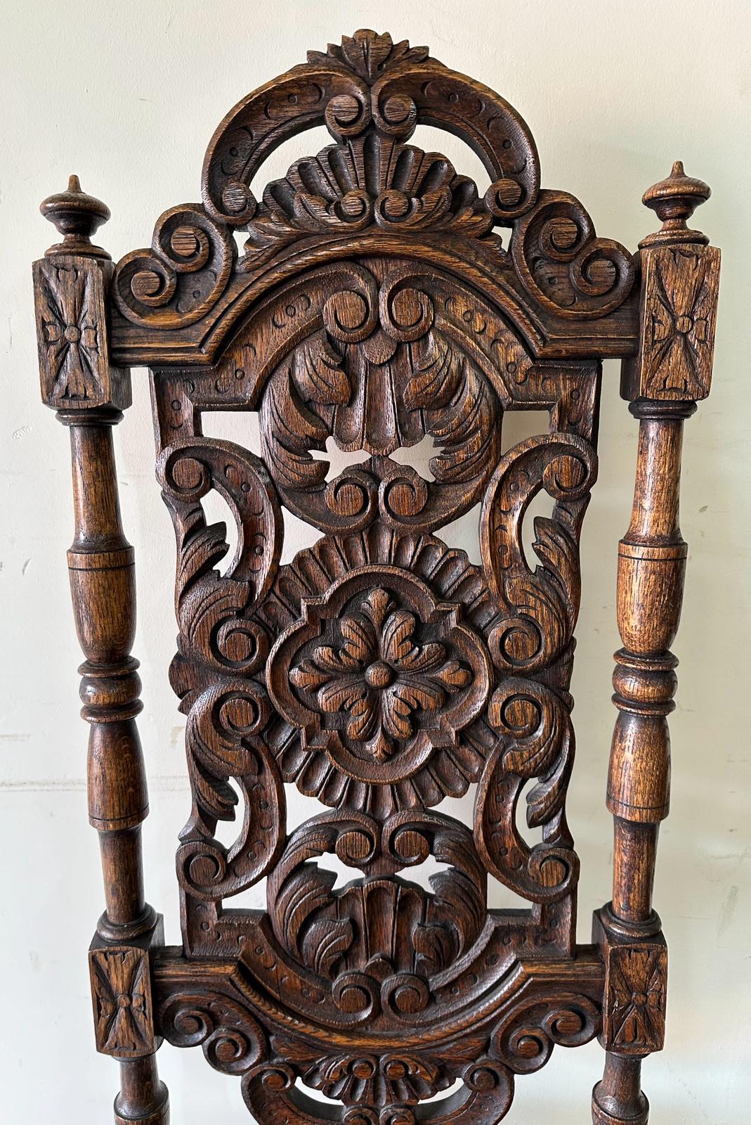 A pair of Victorian style oak hall chairs with carved seats and back, turned supports ending in - Image 3 of 6