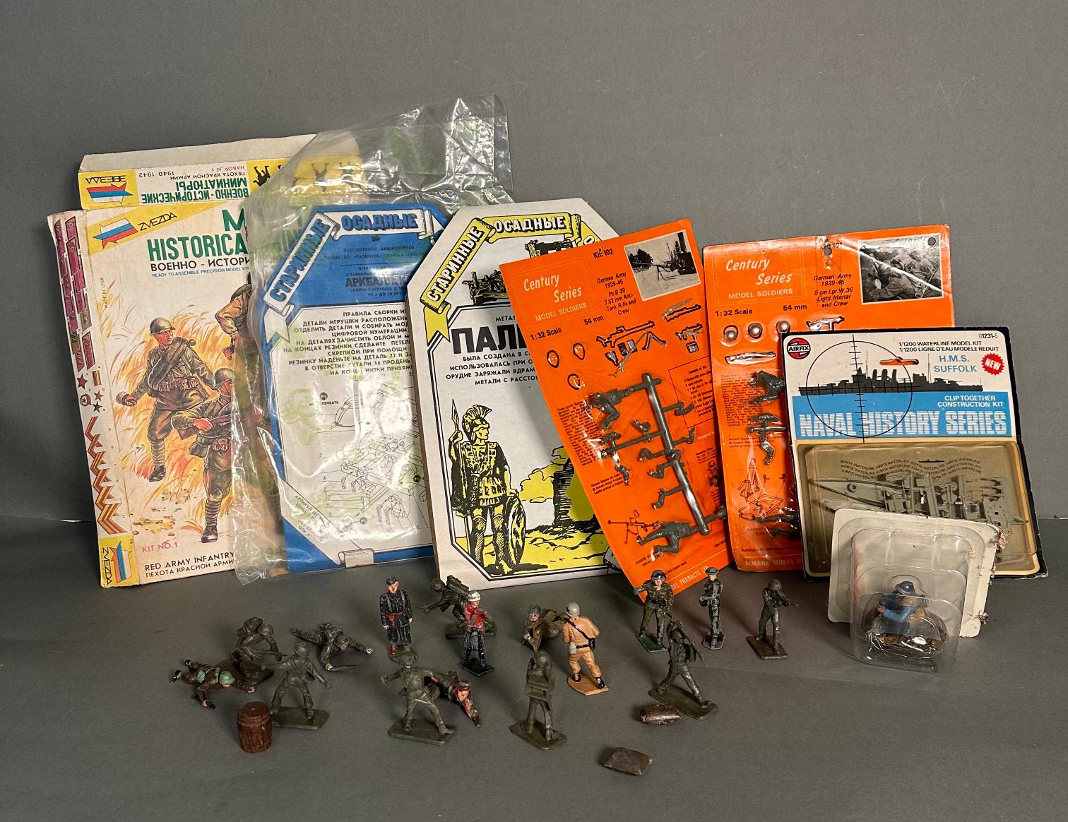 A selection of military model kits and toy soldiers to include Airfix, Century Series and some