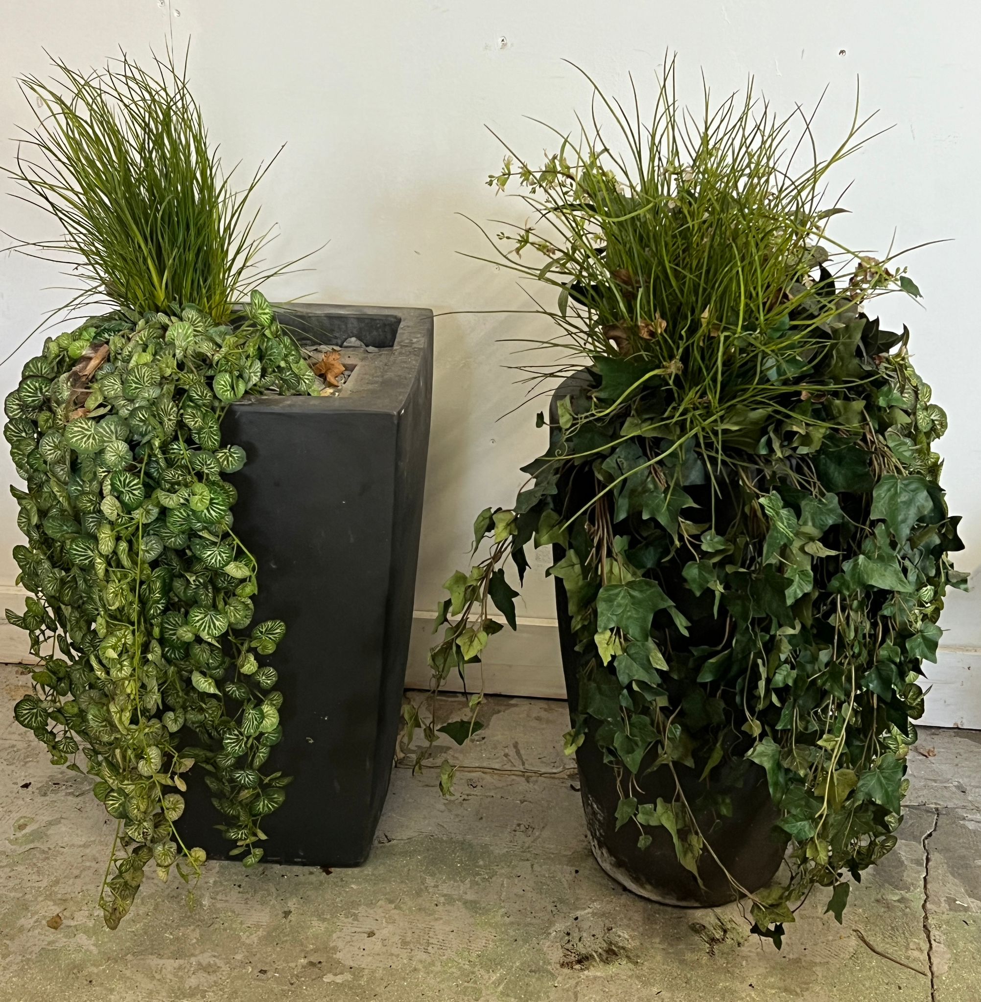 Two slate style planters with artificial grass and ivy (H61cm)