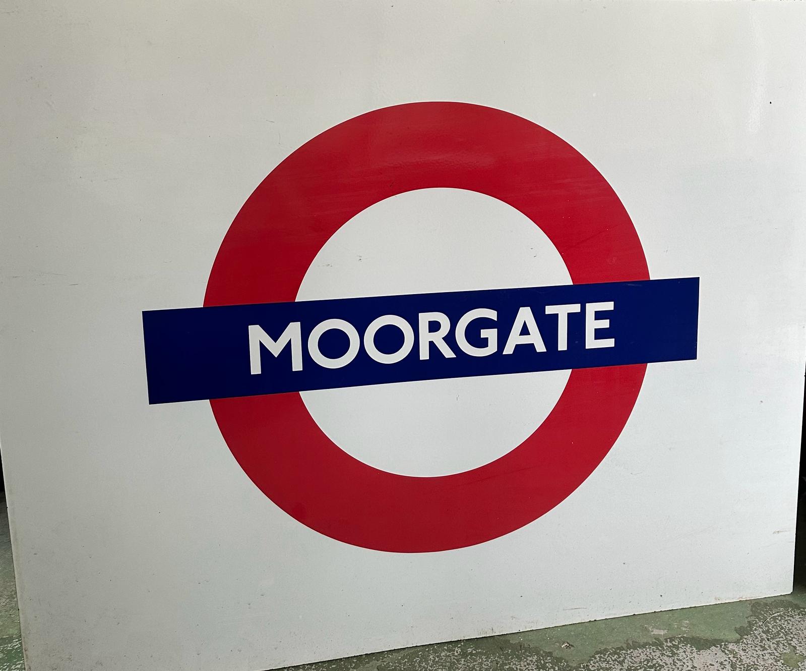 A large metal London underground sign from Moorgate station 149cm x 119cm