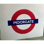 A large metal London underground sign from Moorgate station 149cm x 119cm