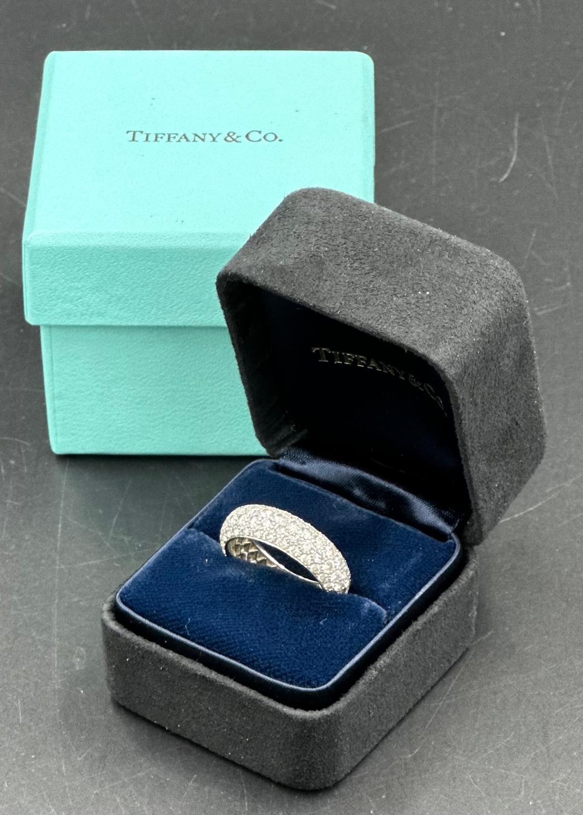 Four row diamond eternity ring mounted in platinum. Signed Tiffany 950. Total diamond weight - Image 2 of 9