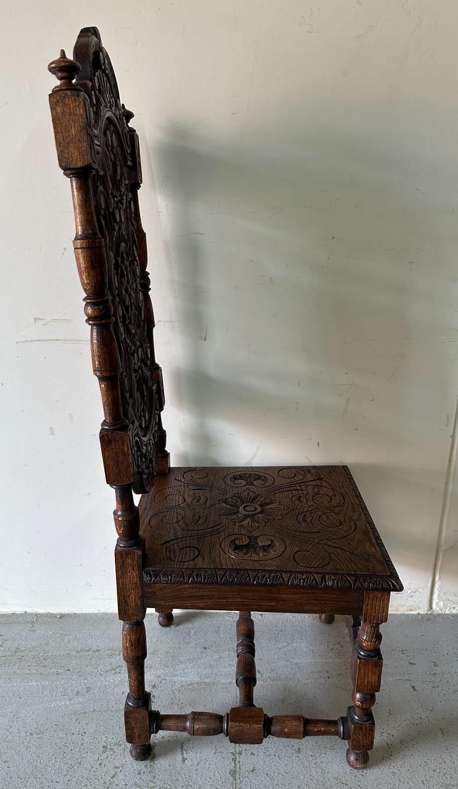 A pair of Victorian style oak hall chairs with carved seats and back, turned supports ending in - Image 5 of 6