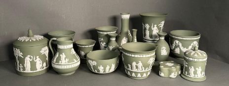 A large selection of Wedgwood jasperware, various shapes and styles.