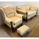 Two seater sofa with scrolling wooden frame and matching chair and footstool by Medallion (H83cm