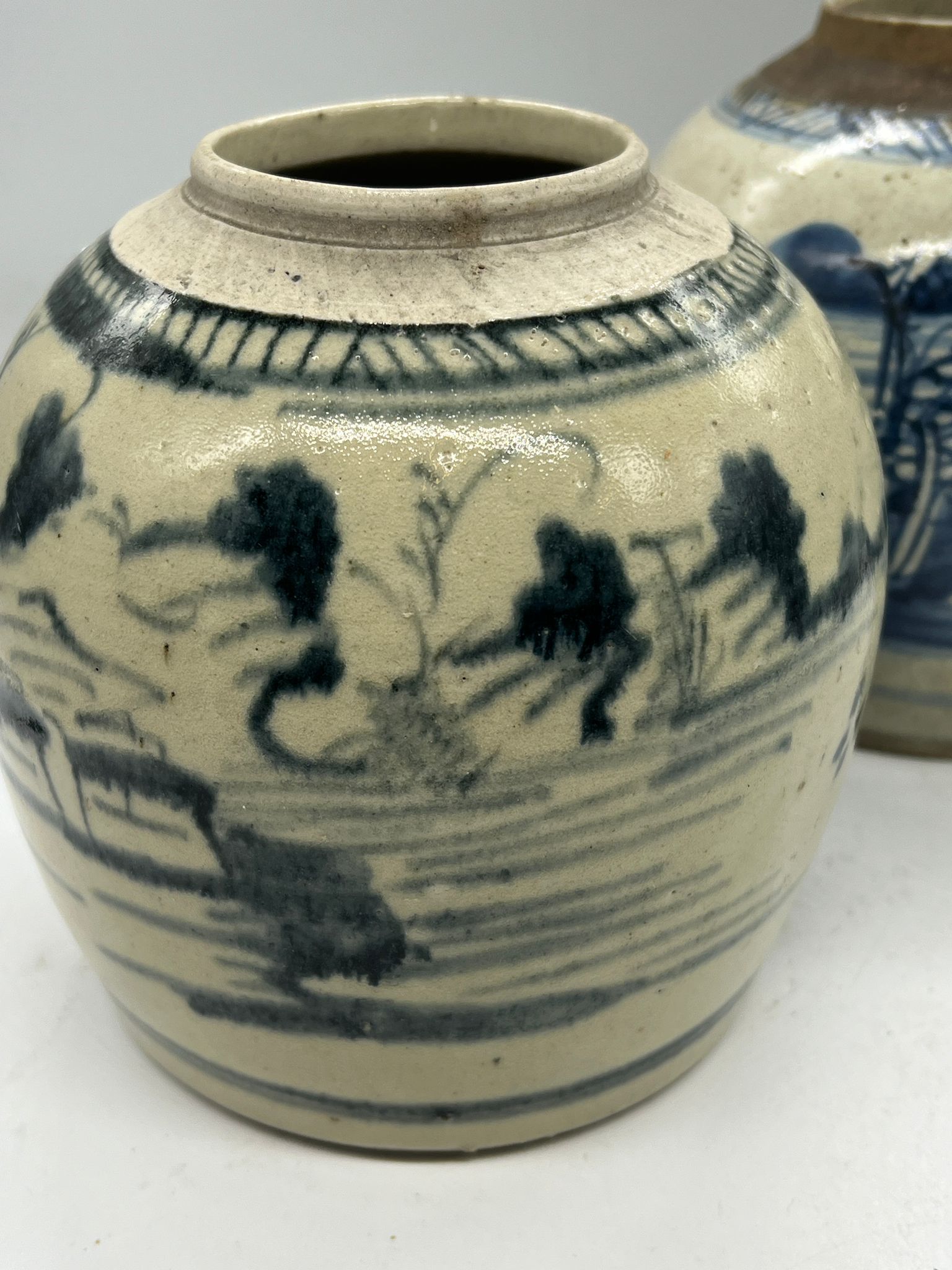 Two blue and white ginger jars in ovoid form landscape design (H18cm) - Image 2 of 4