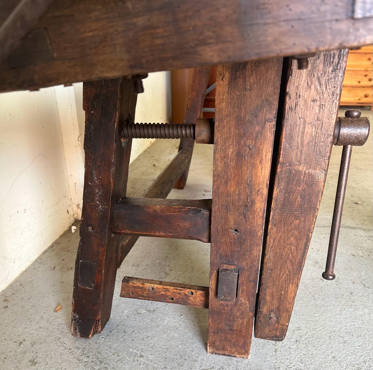 A vintage oak work bench with cast iron vice handles and an A frame base with cross stretcher (H79cm - Image 5 of 7