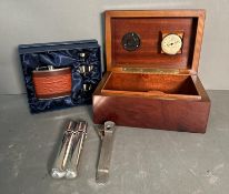 A gentleman's companion set to include Humidor cigar cutter and case and hip flask