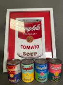 A set of four Andy Warhol Foundation Campbells tomato soup cans, limited edition and a framed