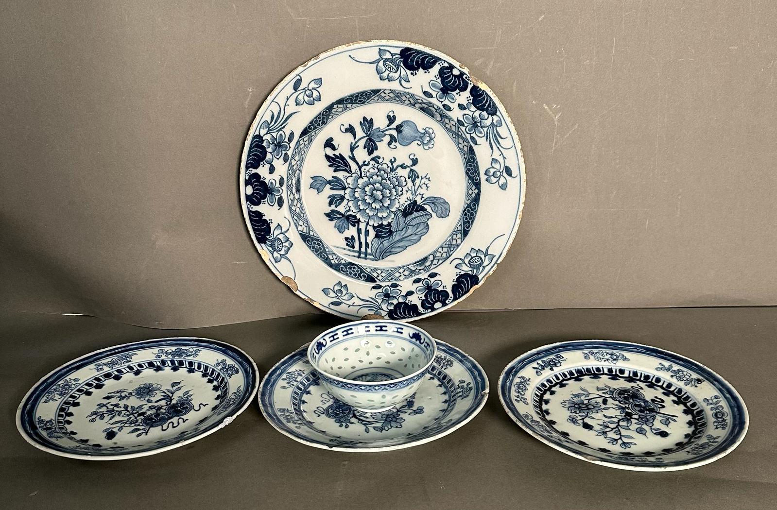 A selection of Chinese blue and white ceramic to include a plate, side plates and a small bowl