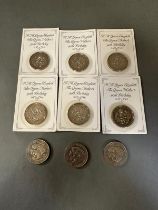 A small selection of coins including six five pound crowns.