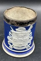 An Adams pottery, jasperware style pot with silver rim