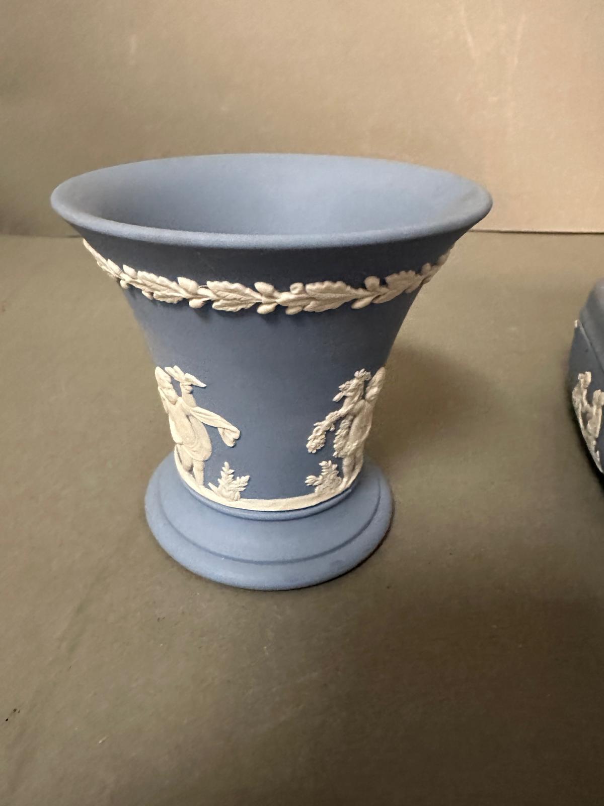 Three pieces of blue wedgwood jasperware, to covered square pots and a vase. - Image 3 of 5