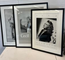 Three black and white prints of movie stars 63cm x 83cm