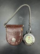A Swizz Army pocket watch in leather carry case.