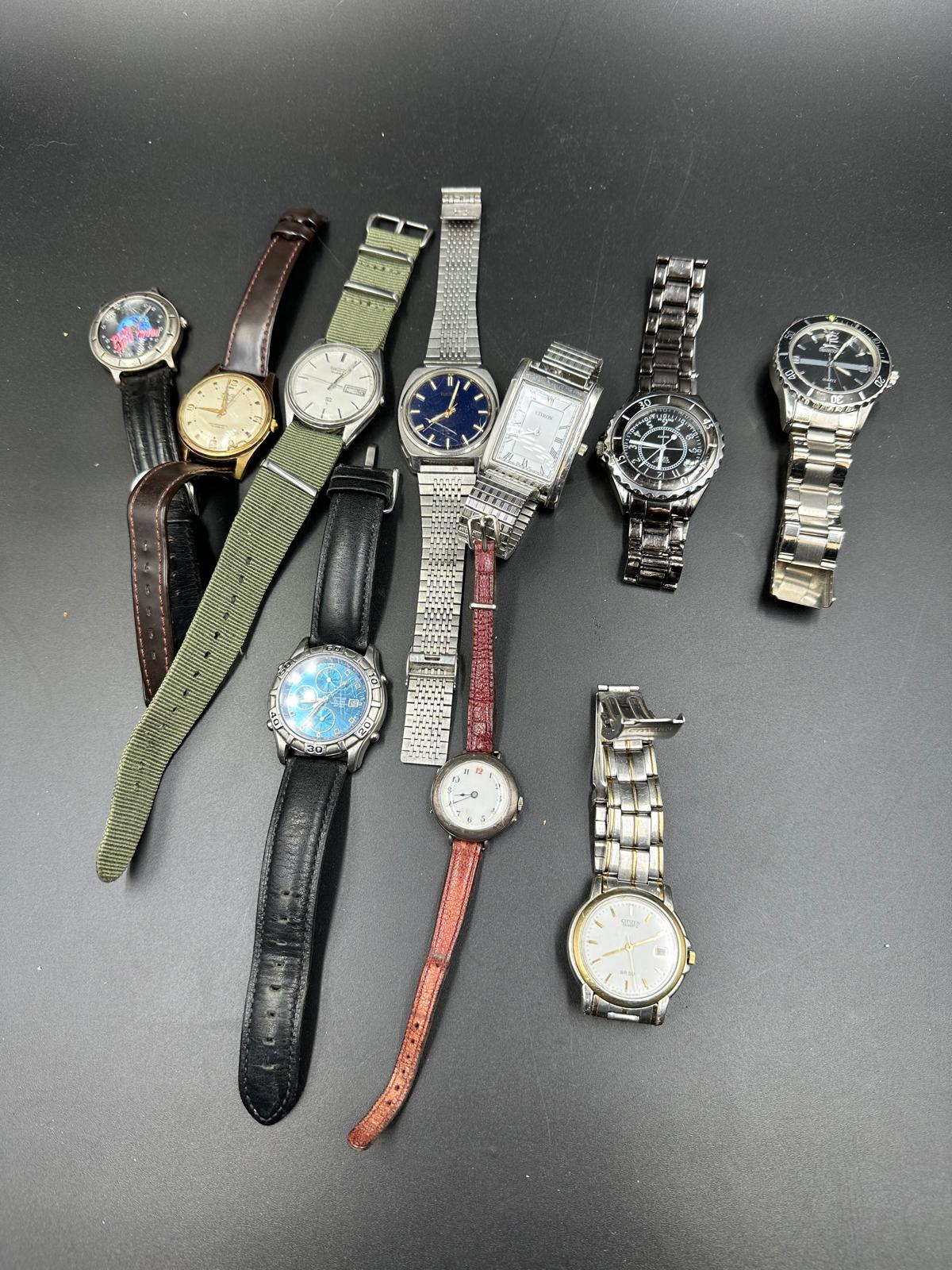 A selection of ten various wristwatches makers to include Seiko, Citron, Slazenger, Citizen etc.
