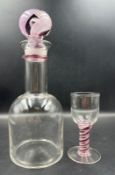 A single glass decanter and glass, signed to base.
