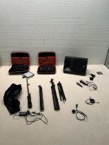 A selection of lights, microphones, carry cases(empty) and two IMG stage line speakers