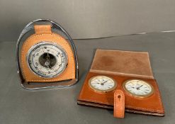 A Glenroyal leather travel clock along with a stirrup themed desk barometer