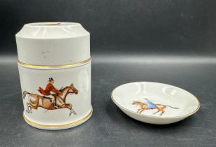 A Royal Worcester china, hunting themed lidded pot and pin dish.