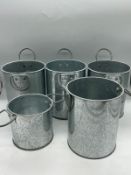 Five galvanised buckets or pots (H14.5cm Dia12.5cm and H9.5cm Dia11cm)
